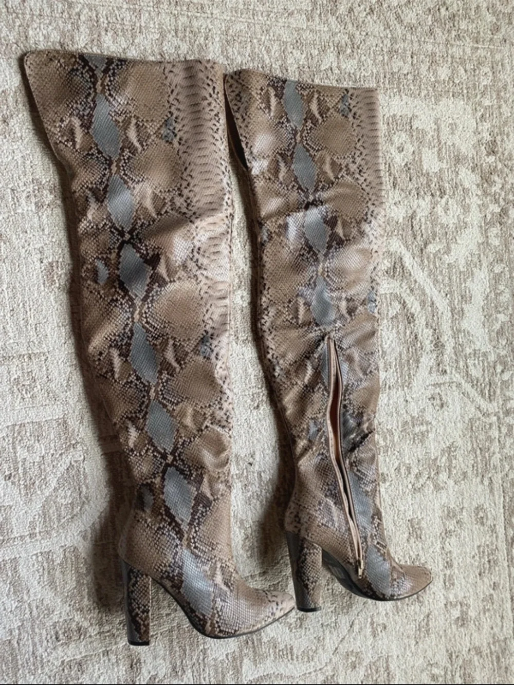 Snake-Print Over-the-Knee Boots in Taupe Brown